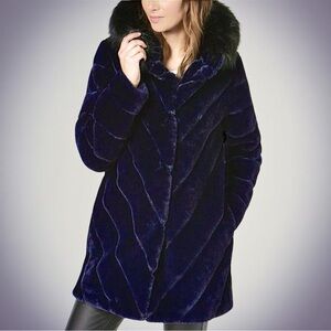 Calvin Klein Exquisite Navy Faux Fur Jacket with Black Fur Hood